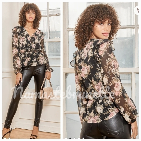 Lulu's Black Floral Ruffled Long Sleeve Top - Picture 4 of 16